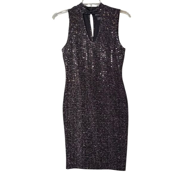 En Focus Studio Dress Womens 10 Black Silver Sequin Mock Neck Keyhole Cocktail - Picture 2 of 12